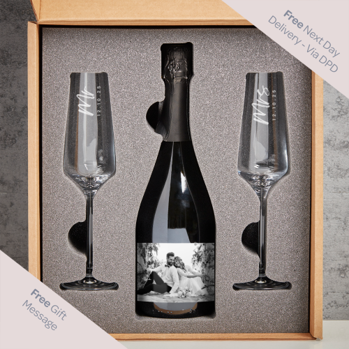 Mr & Mrs Wedding Date Photo Upload Boutique Gifts Prosecco Double Glass With Bottle Gift Set 