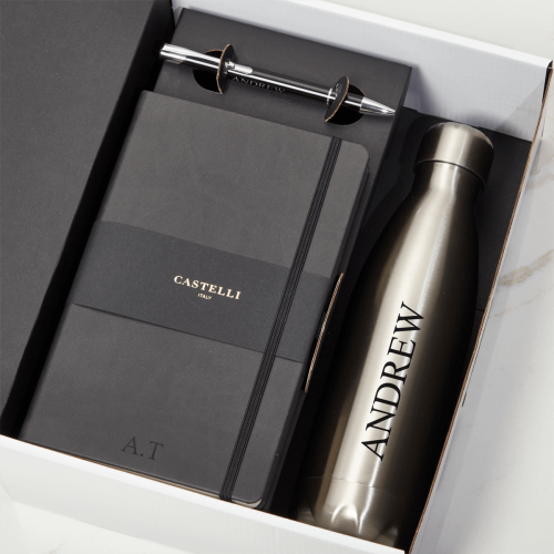 Black Castelli Notebook, Pen & White Water Bottle Gift Set