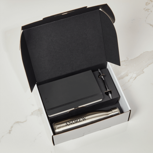 Black Notebook, Pen & Steel Water Bottle Gift Set