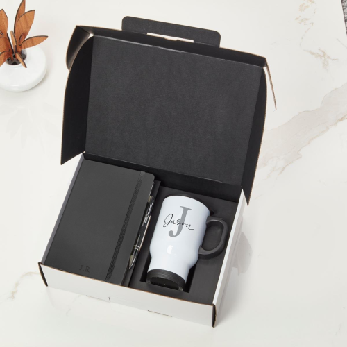 Black Castelli Notebook, Pen & Black Travel Flask Mug With Black Handle Gift Set 