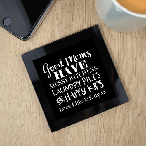 personalised Good Mums Black Glass Coaster