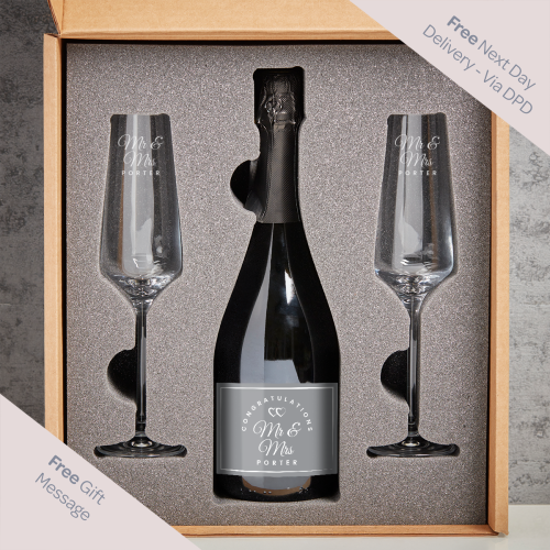 Ornate Mr & Mrs Congratulations Boutique Gifts Prosecco Double Glass With Bottle Gift Set 