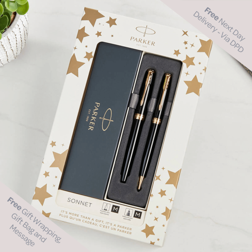 Parker Sonnet Ballpoint & Fountain Pen Set - Gloss Black with Gold Trim 
