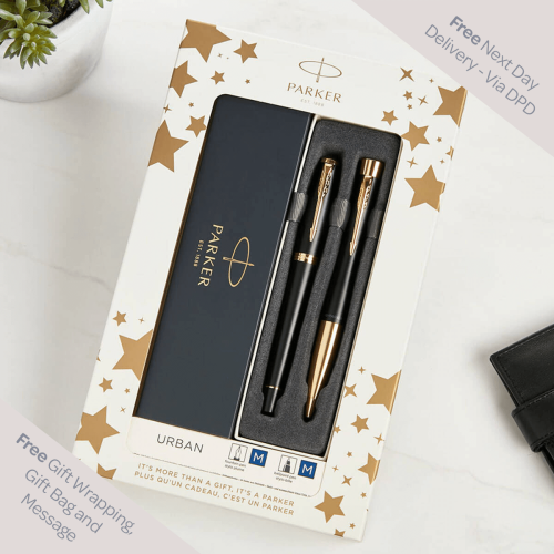 Parker Urban Ballpoint and Fountain Pen Gift Set | Muted Black with Gold Trim