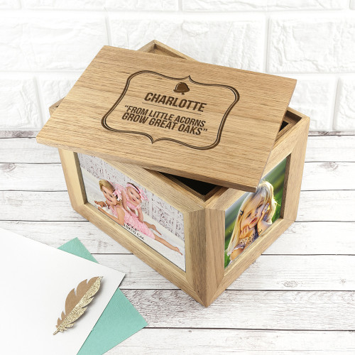 personalised Little Acorn Oak Photo Cube Keepsake Box