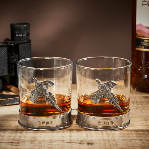 English Pewter Double Pheasant Whisky Glasses Gift Set