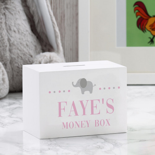 personalised Baby Girl's Elephant Wooden Money Box