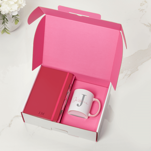 Pink Notebook, Pen & Initial Mug Gift Set