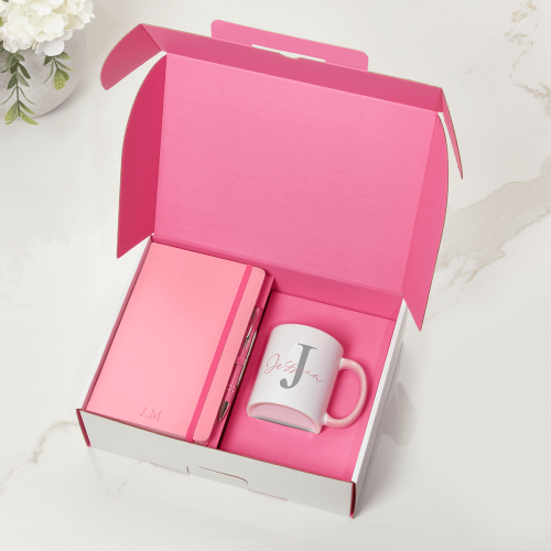 Pink Notebook, Pen & Initial Mug Gift Set