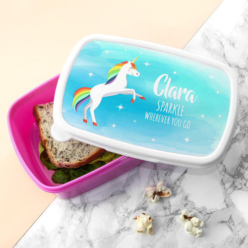 personalised Rainbow Unicorn Lunch Box - Pink