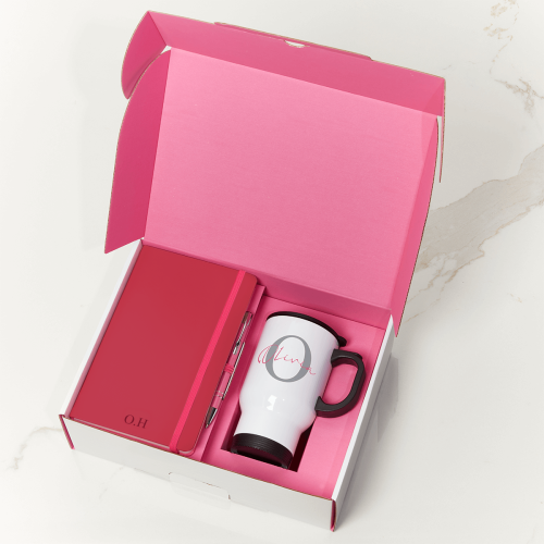 Pink Notebook, Pen & White Travel Mug Gift Set