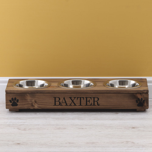 personalised rustic triple pet feeder