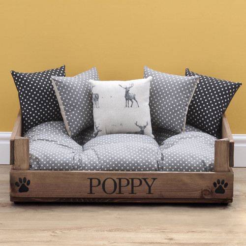 personalised luxury grey wooden pet bed