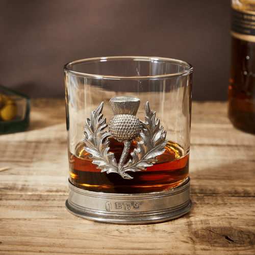 English Pewter Scottish Thistle Glass Whisky Tumbler