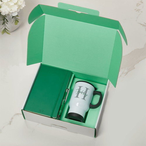 Engraved Green Castelli Notebook, Pen & Black Travel Flask Mug With Black Handle Gift Set 
