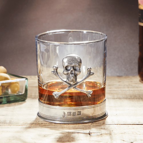 English Pewter Skull & Crossbones Glass Whisky Tumbler