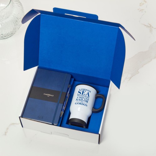 Skilled Sailor Blue Inner with Blue Notebook & Pen & White With Black Handle Travel Mug