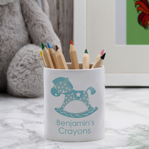 personalised Blue Rocking Horse Pen Pot