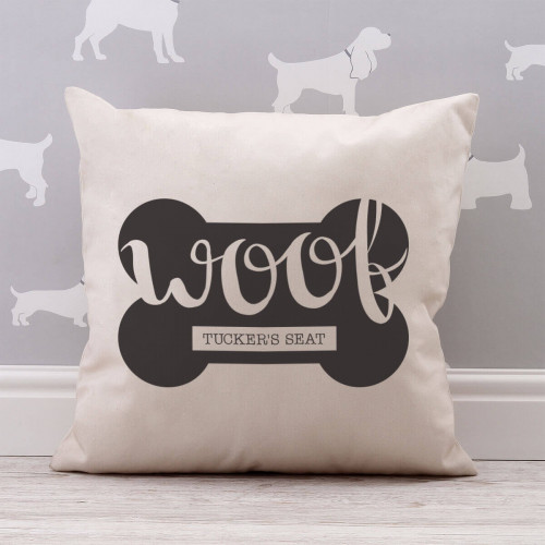 personalised Woof Dog Bone Cotton Cushion
