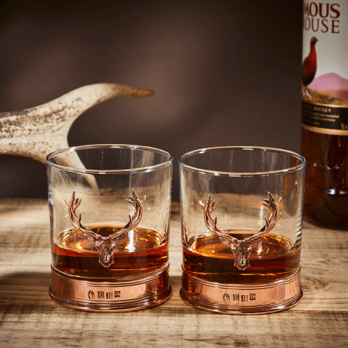 English Pewter Double Copper Stag Head Whisky Glasses Gift Set