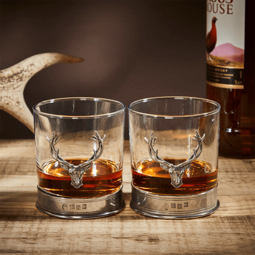 English Pewter Double Stag Head Whisky Glasses Gift Set