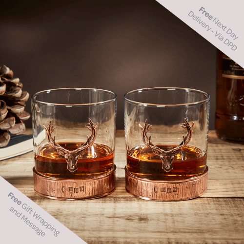 English Pewter Double Majestic Copper Stag Head Whisky Glasses Gift Set