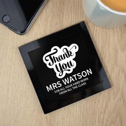 personalised Thank You Bubble Black Glass Coaster