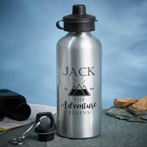 personalised adventure begins silver water bottle