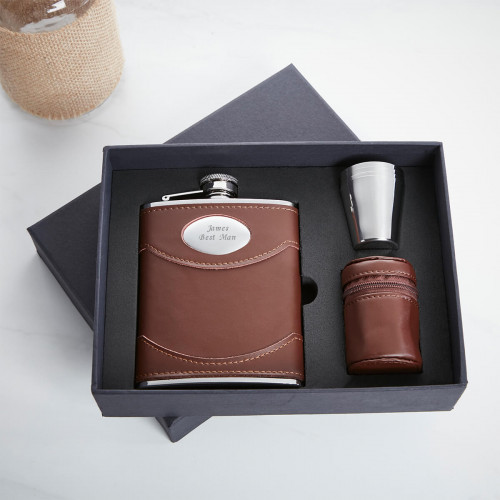 personalised 6oz Brown Leather Flask & Cups