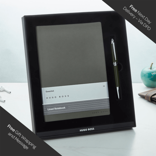 Hugo Boss Set with Ballpoint Pen & Dark Green A5 Note Pad