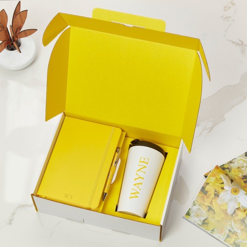 Verticle Name Yellow Inner with Yellow Notebook & Pen & White Travel Flask