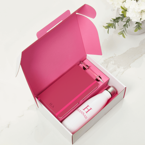 Pink Notebook, Pen & White Water Bottle Gift Set
