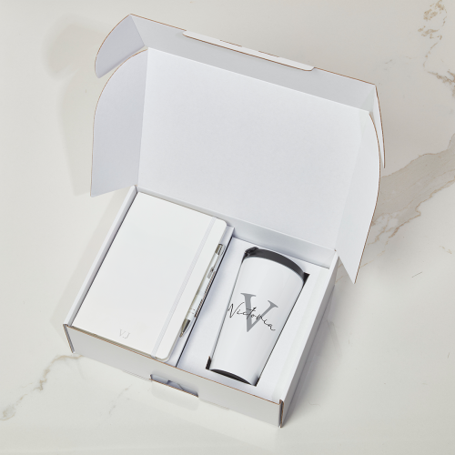 White Box White Notebook & White With Black Lid Tumbler