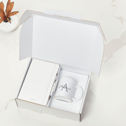 White Notebook, Pen & Initial Mug Gift Set 