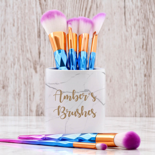 personalised White Marble Makeup Brush Pot