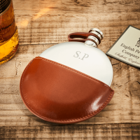 English Pewter 5.5oz Ellipse Hip Flask & Tan Leather Pouch