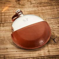 English Pewter 5.5oz Ellipse Hip Flask & Tan Leather Pouch