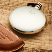 English Pewter 5.5oz Ellipse Hip Flask & Tan Leather Pouch