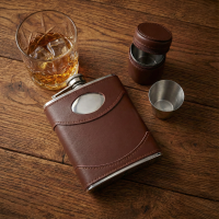 personalised 6oz Brown Leather Flask & Cups
