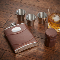 personalised 6oz Brown Leather Flask & Cups