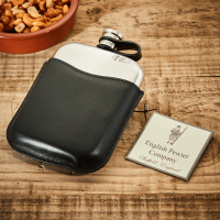 English Pewter 6oz Hip Flask & Black Leather Pouch
