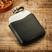 English Pewter 6oz Hip Flask & Black Leather Pouch
