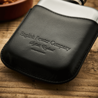 English Pewter 6oz Hip Flask & Black Leather Pouch