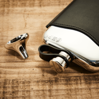 English Pewter 6oz Hip Flask & Black Leather Pouch