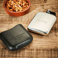 English Pewter 6oz Hip Flask & Black Leather Pouch