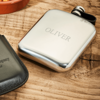 English Pewter 6oz Hip Flask & Black Leather Pouch