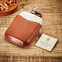 English Pewter 6oz Hip Flask & Tan Leather Pouch