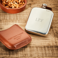 English Pewter 6oz Hip Flask & Tan Leather Pouch