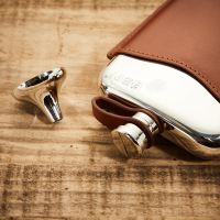 English Pewter 6oz Hip Flask & Tan Leather Pouch