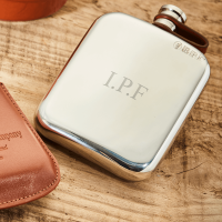 English Pewter 6oz Hip Flask & Tan Leather Pouch